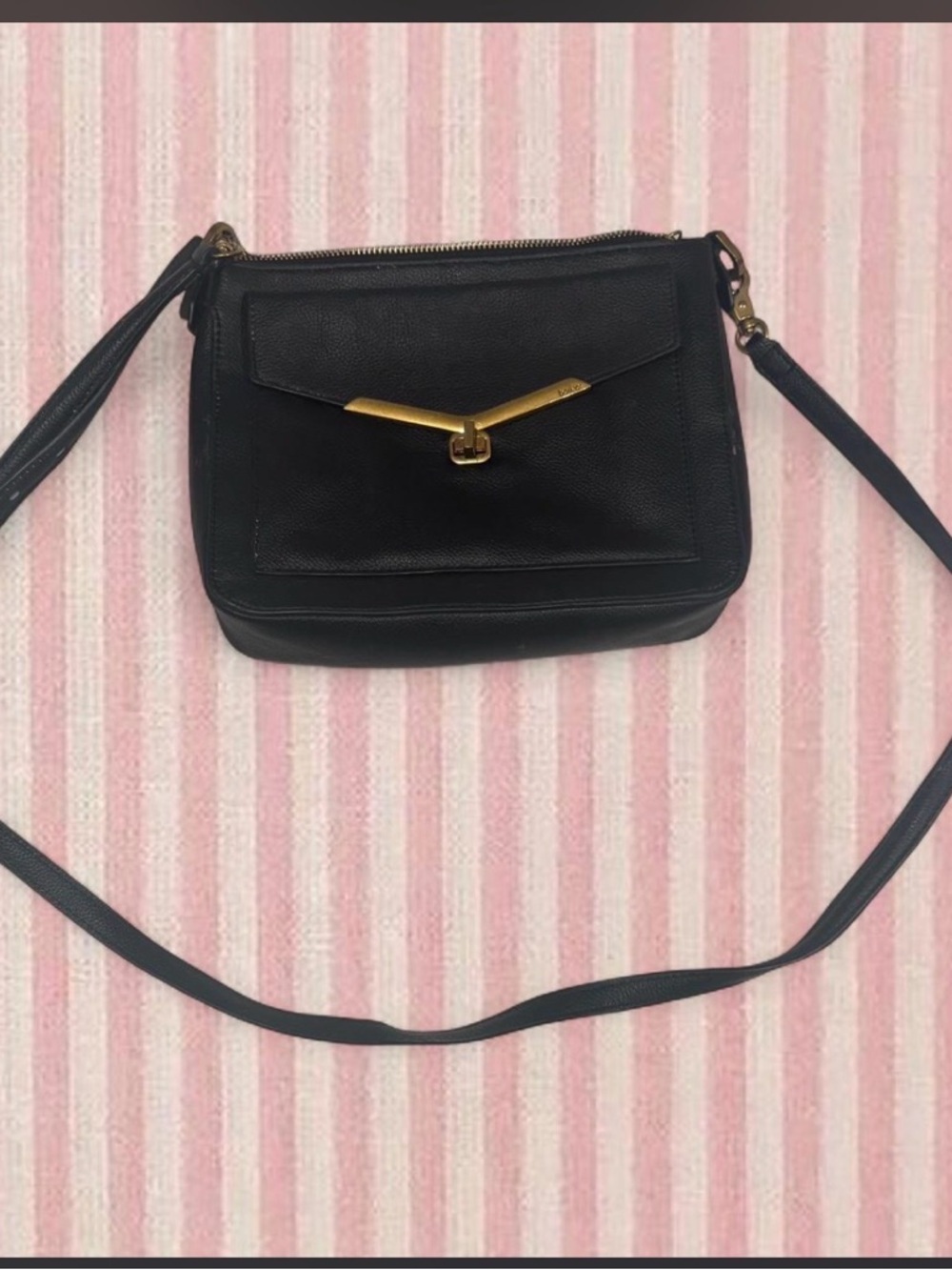 Botkier Black Leather Crossbody with Gold V-Bar Accent